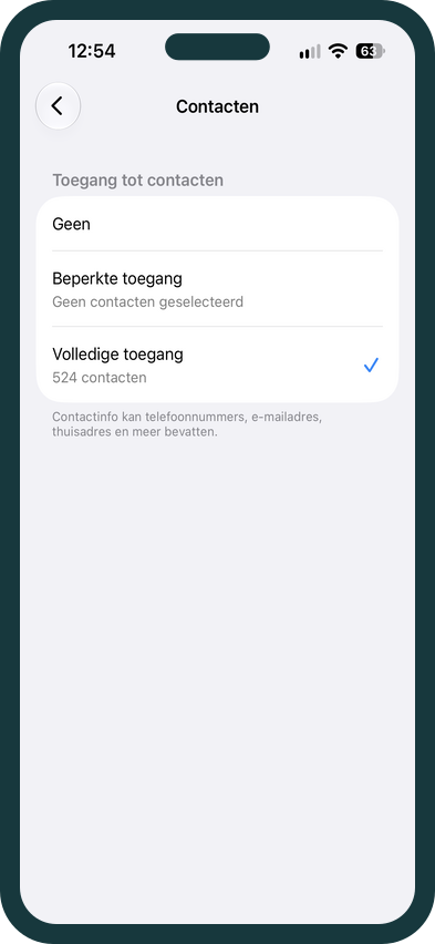 iPhone-instellingen voor volledige toegang tot contacten in Dubline