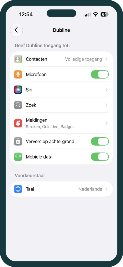 iPhone-instellingen voor de Dubline app