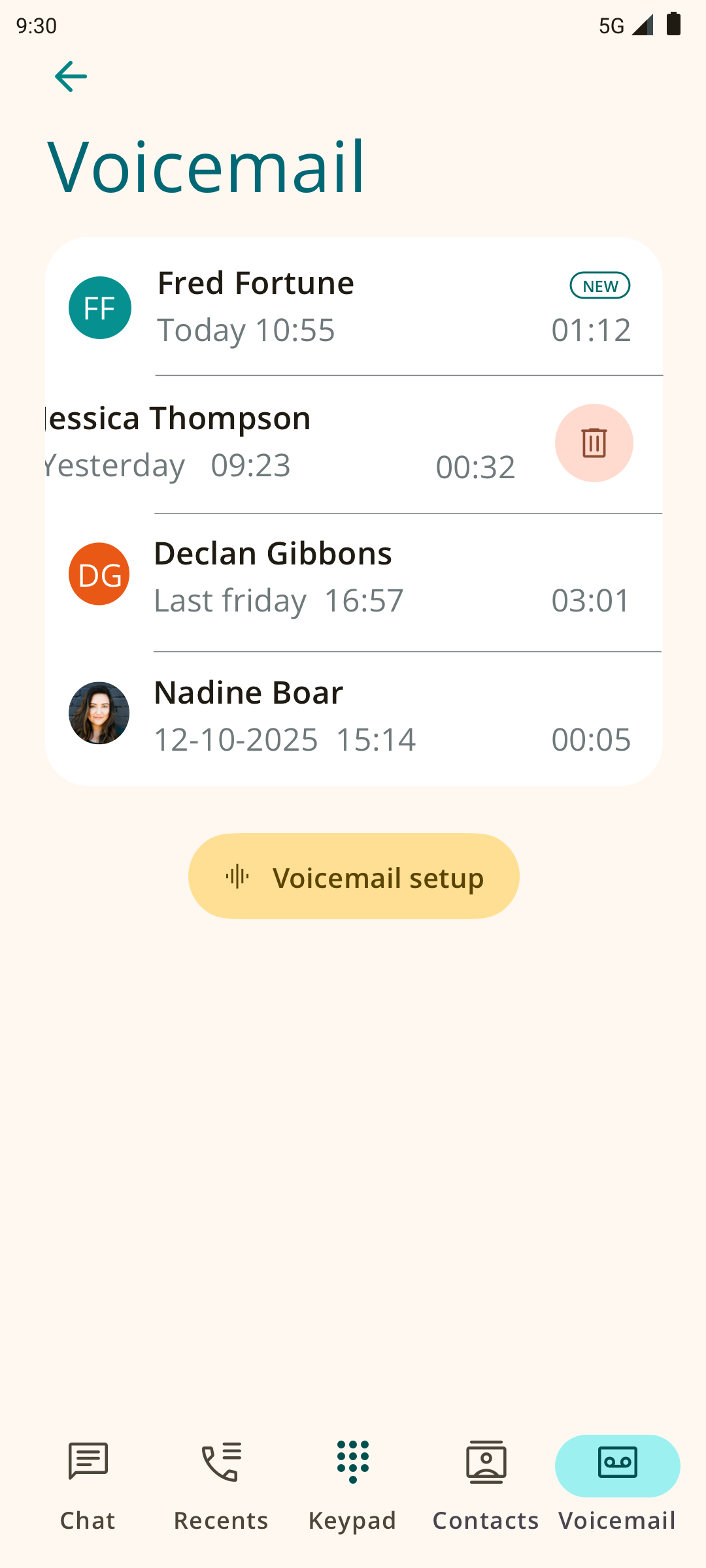Dubline app op Android met de optie om een voicemail te verwijderen
